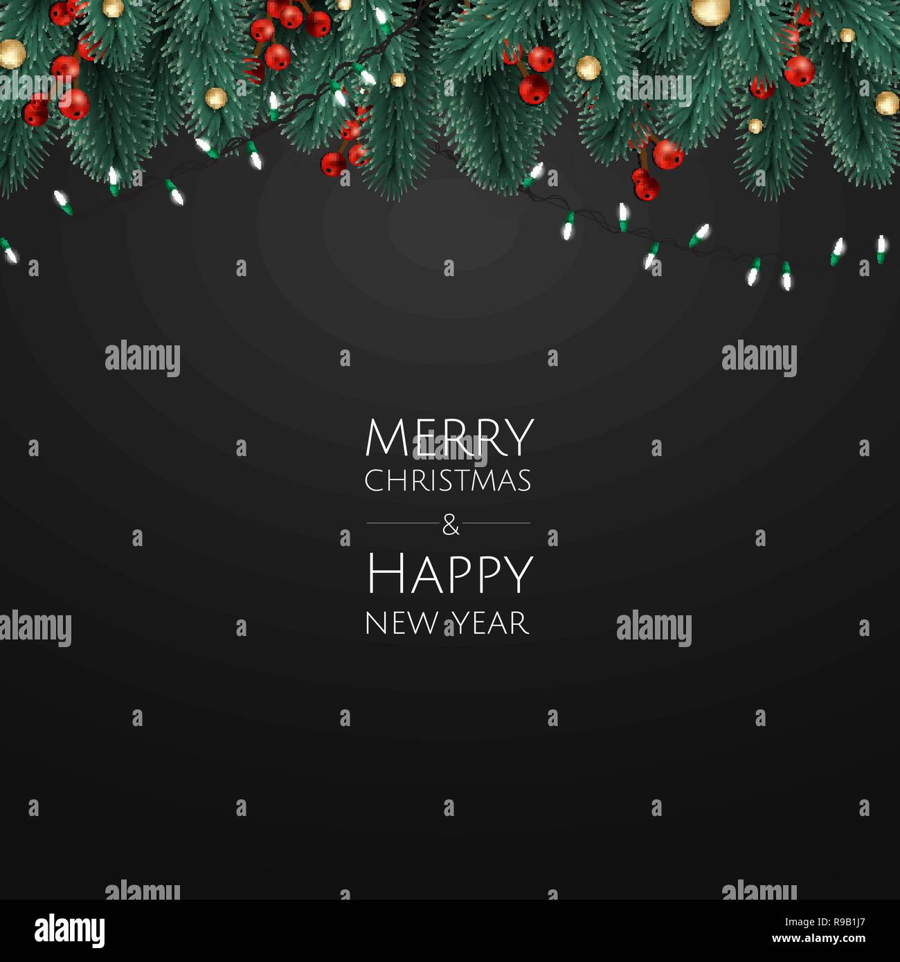 Buon Natale e Felice Anno Nuovo. Sfondo di natale con oro lucente di fiocchi di neve. Biglietto di auguri, vacanze banner, poster web Illustrazione Vettoriale