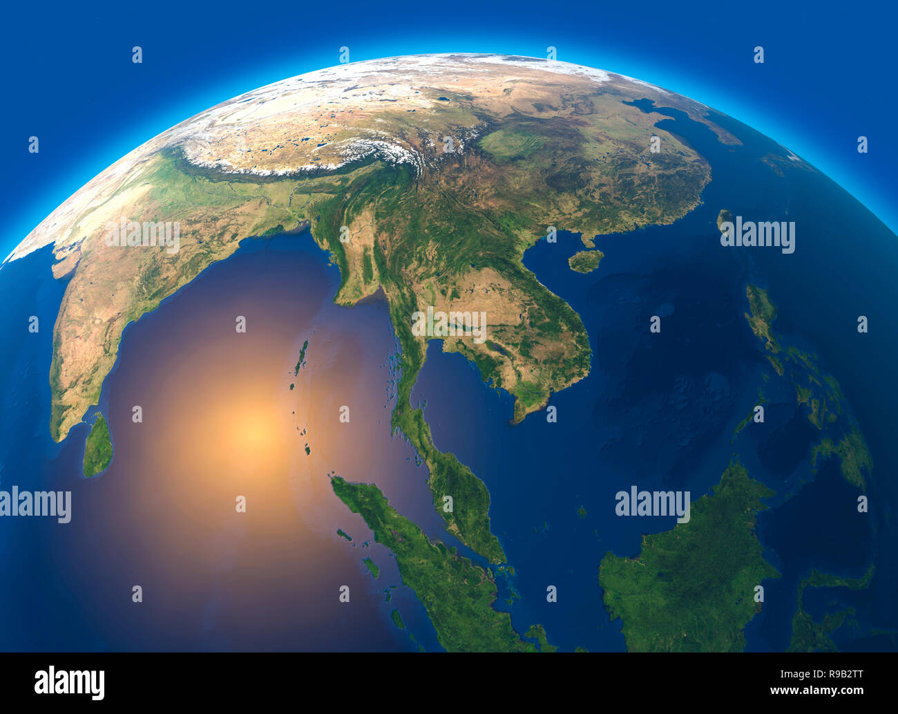 Cartina Fisica del mondo, vista satellitare del sud-est asiatico. Globo. Emisfero. Rilievi e oceani. Il rendering 3D Foto Stock