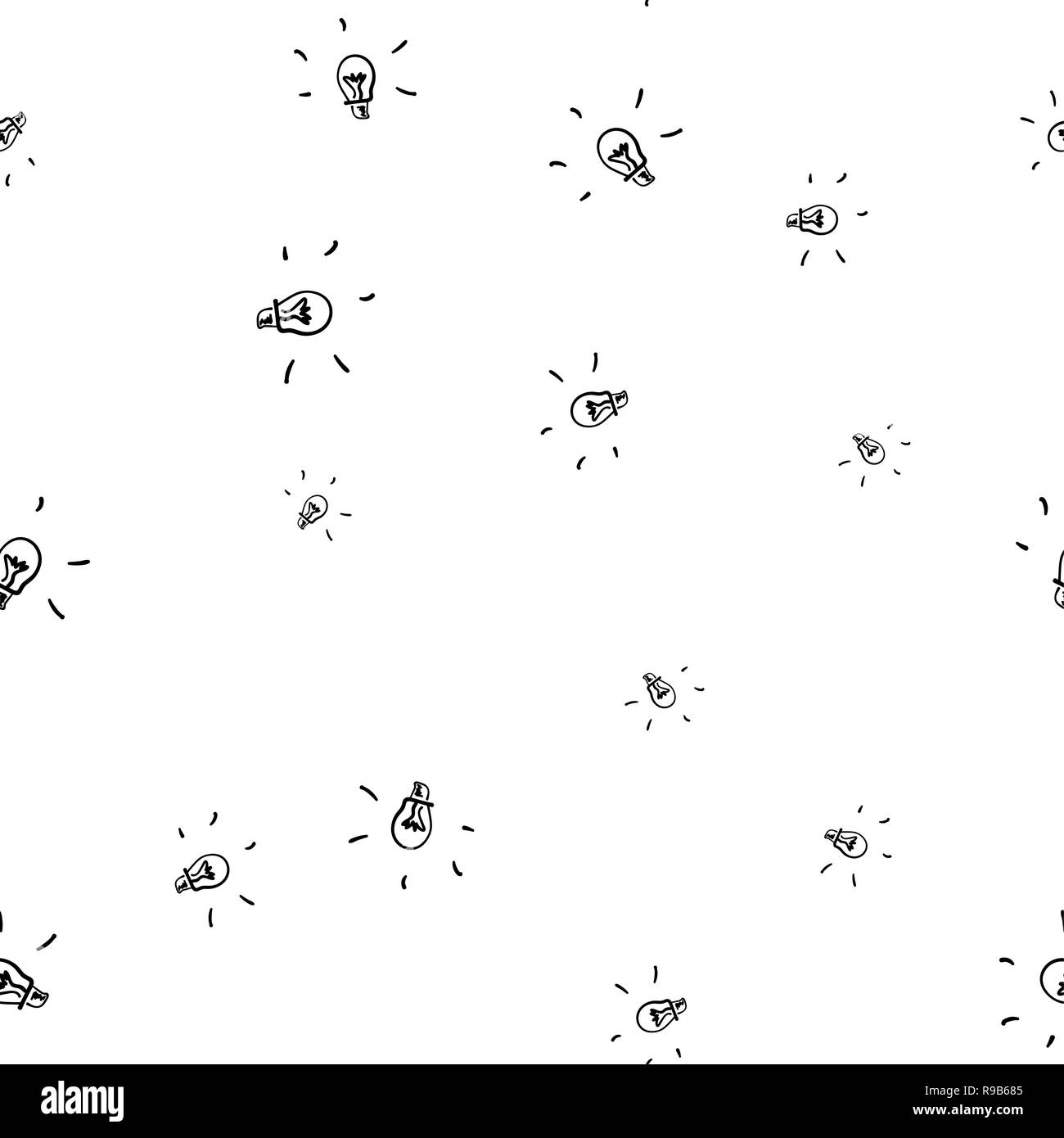 Doodle pattern con il nero seamless pattern su sfondo chiaro. Lampada luce icona . Lampada a luce icona segno. Sfondo senza giunture. Modello senza giunture Foto Stock
