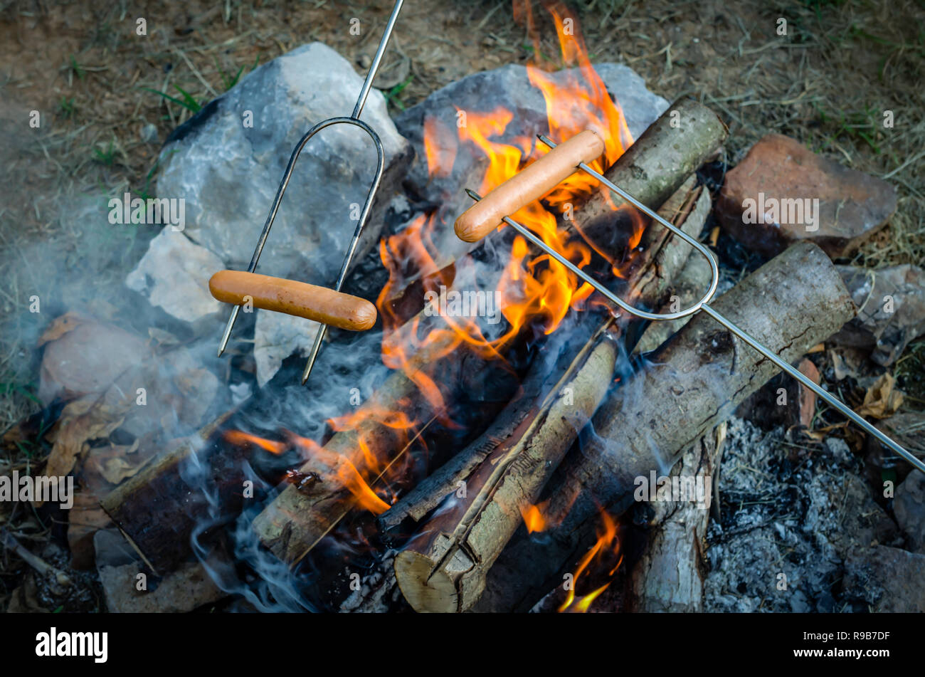 La tostatura hot dogs oltre il fuoco. Momenti di relax e di divertimento per la preparazione di prodotti alimentari e camping all'esterno. Relax e svago in natura splendida piscina di impostazione. Foto Stock