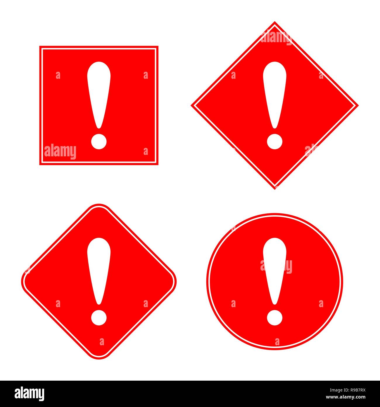 Set di icone di attenzione nel design piatto. Illustrazione Vettoriale. I simboli di pericolo con un punto esclamativo. Illustrazione Vettoriale