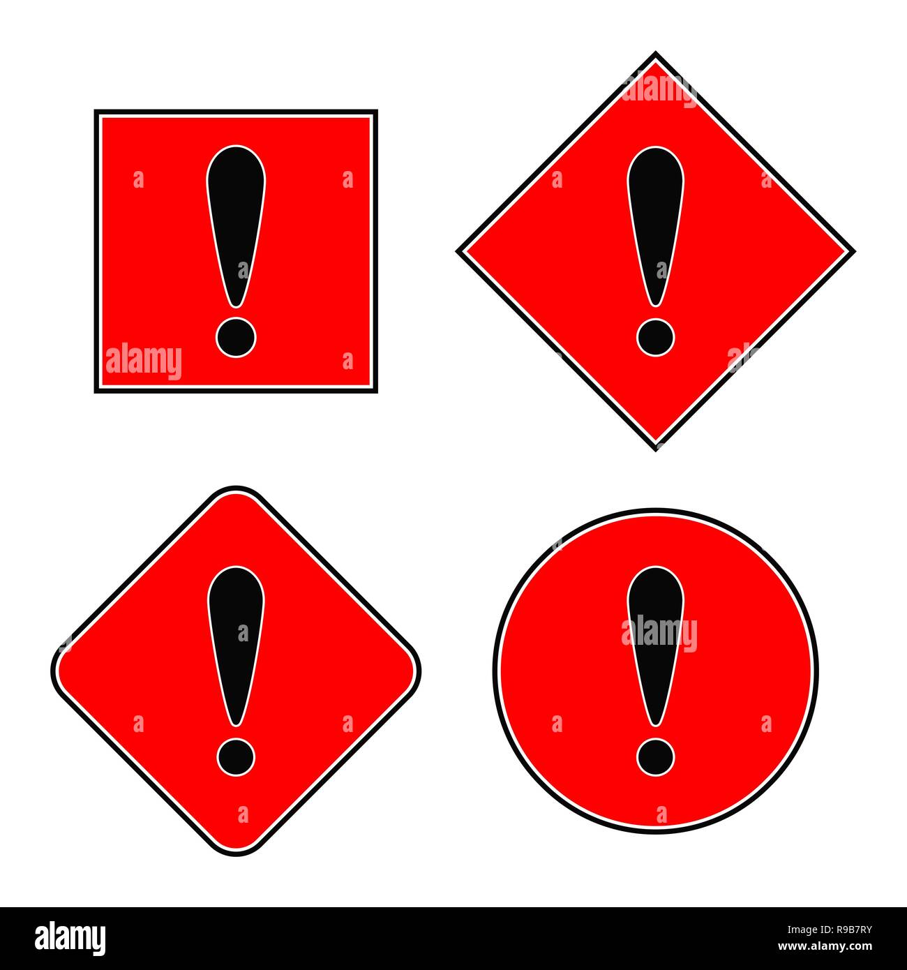 Set di icone di attenzione nel design piatto. Illustrazione Vettoriale. I simboli di pericolo con un punto esclamativo. Illustrazione Vettoriale