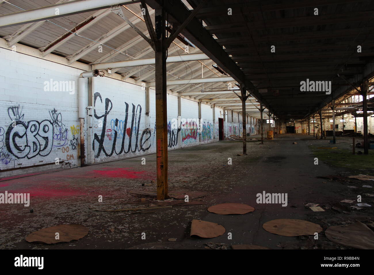 Graffiti e distruzione in una fabbrica abbandonata nel Michigan, Stati Uniti d'America. Foto Stock