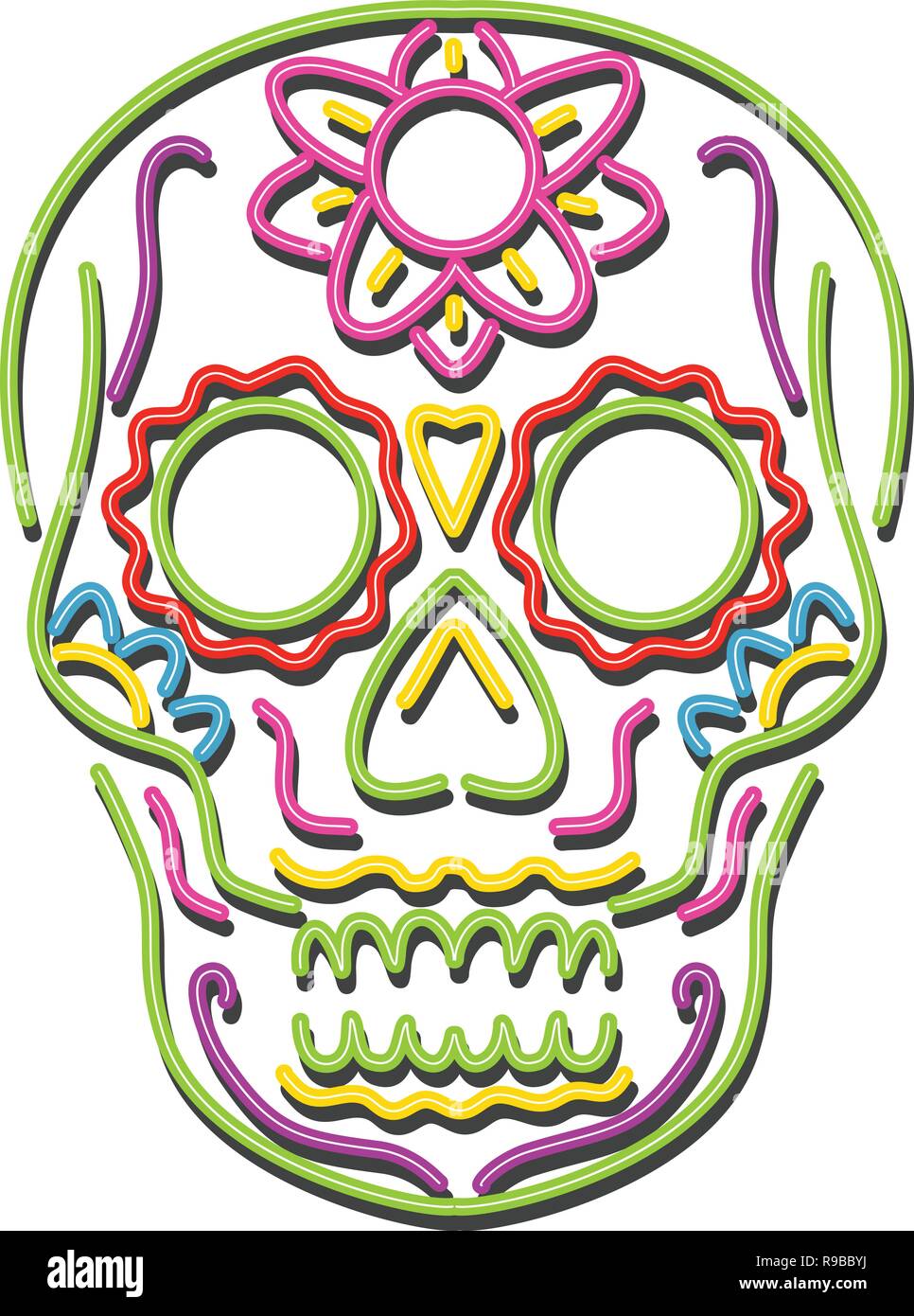 In stile retrò illustrazione mostrante una degli anni novanta insegna al neon luce di illuminazione di segnaletica di un tatuaggio di zucchero decorativo cranio o calavera su sfondo isolato. Illustrazione Vettoriale