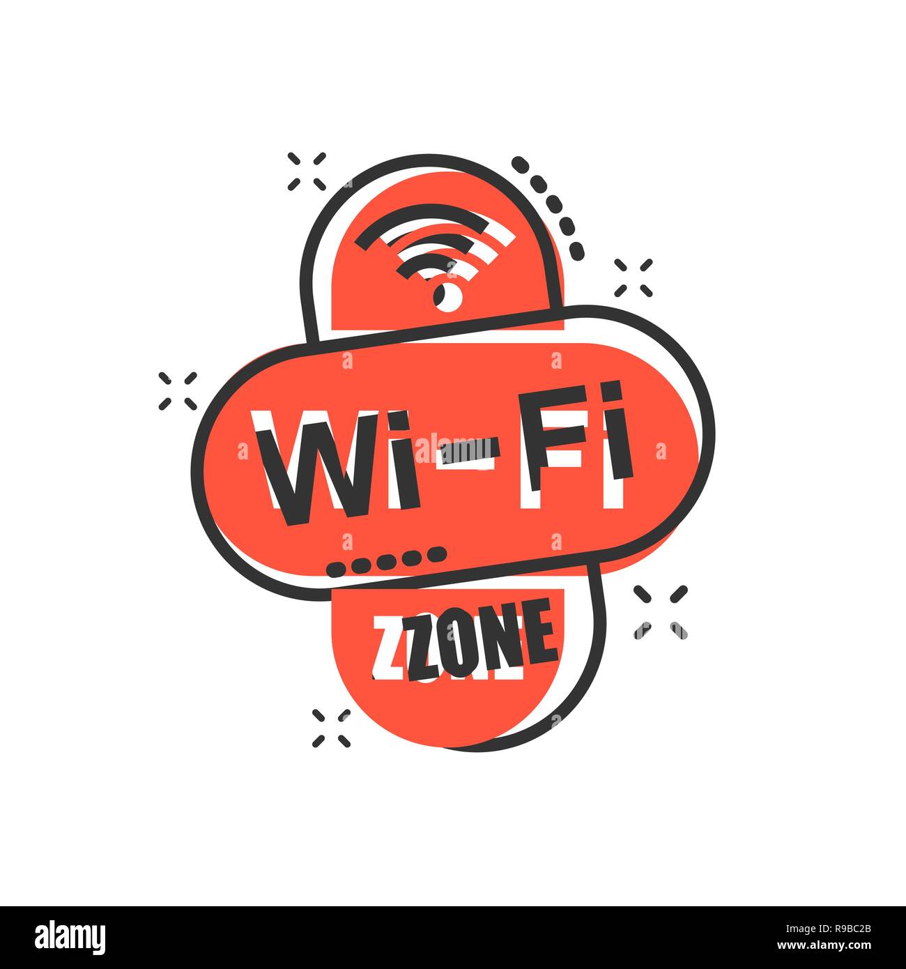 Area Wifi icona in stile fumetto. Wi-fi tecnologia wireless vettore illustrazione cartoon pittogramma. Rete wifi concetto aziendale effetto splash. Illustrazione Vettoriale