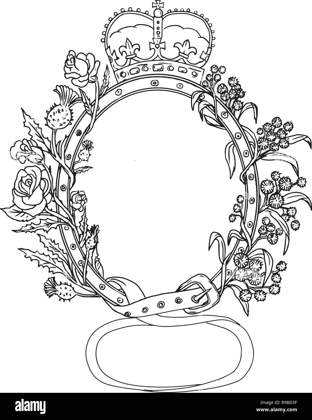 Schizzo di disegno illustrazione dello stile di scozzese o croce celtica fibbia cintura, una classica cintura di pelle con una rosa Inglese e il Thistle intrecciate . Illustrazione Vettoriale