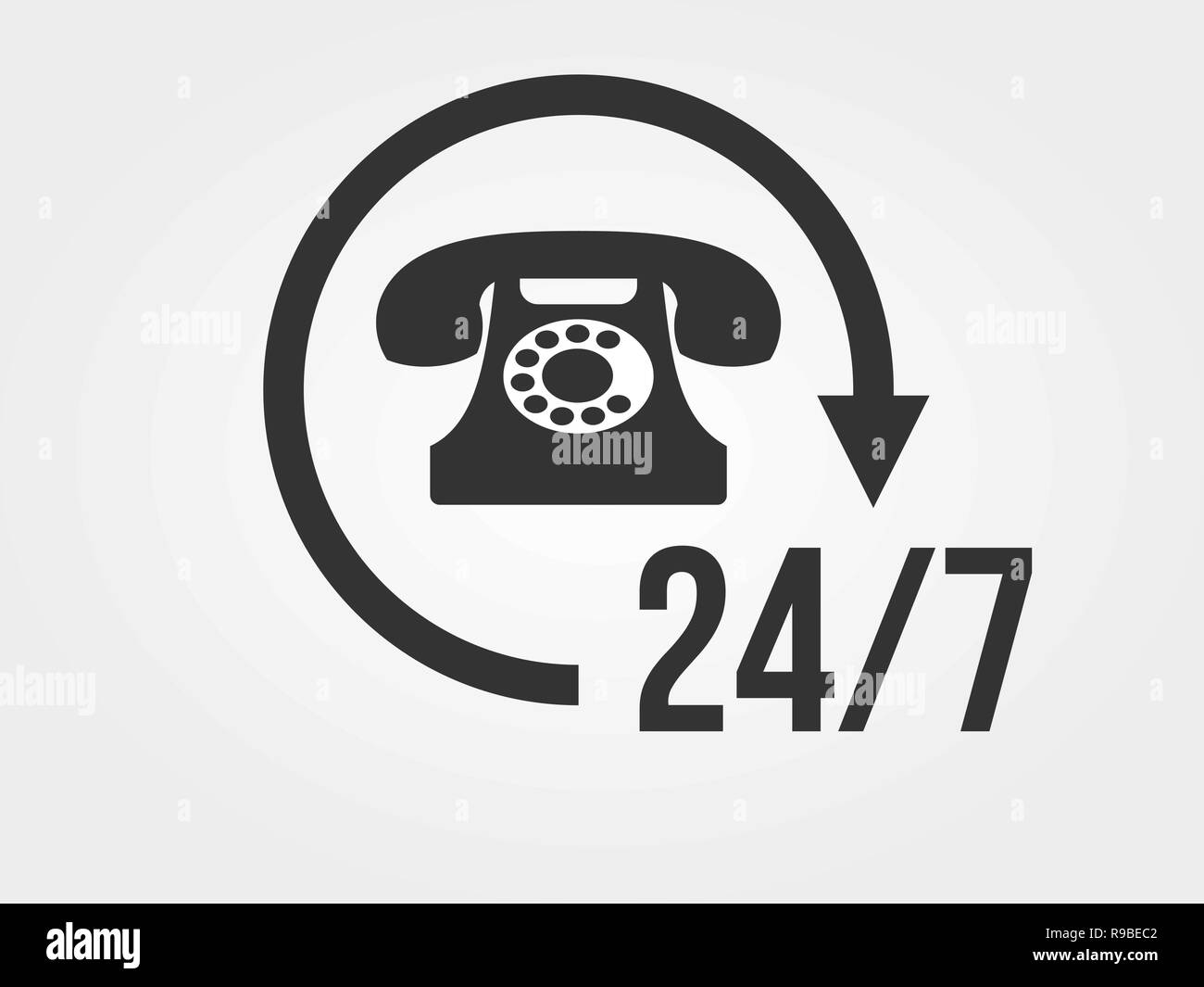 Concetto 24/7 icona. Vintage icona telefono con assistenza clienti 24/7, customer service, call center, il concetto. Sfondo grigio chiaro. Illustrazione Vettoriale, Illustrazione Vettoriale