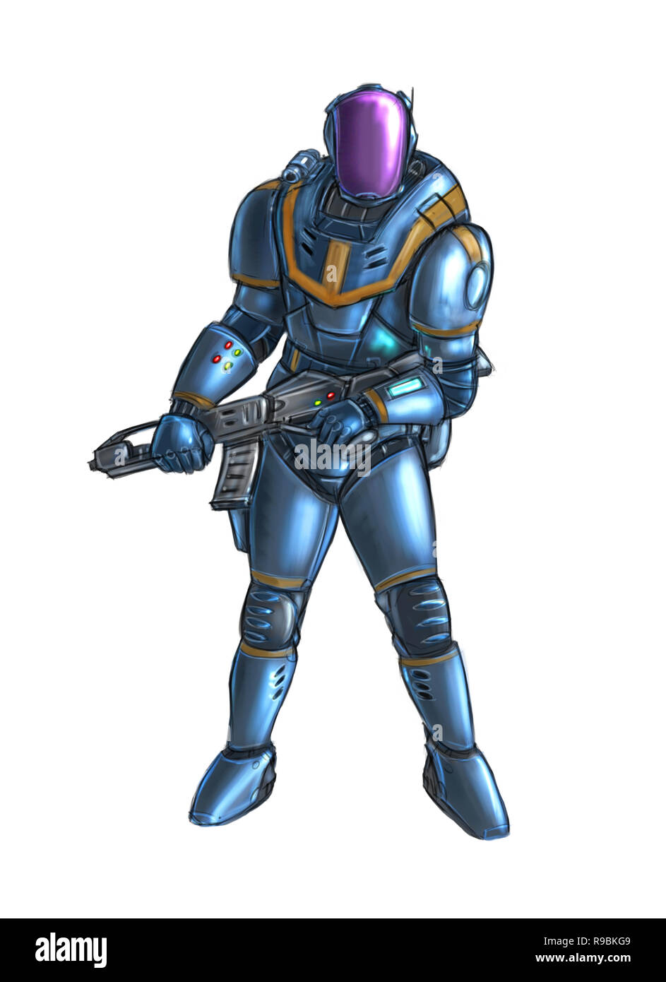 Concept Art Science Fiction illustrazione del soldato futuristico personaggio in armatura o tuta e con un fucile Foto Stock