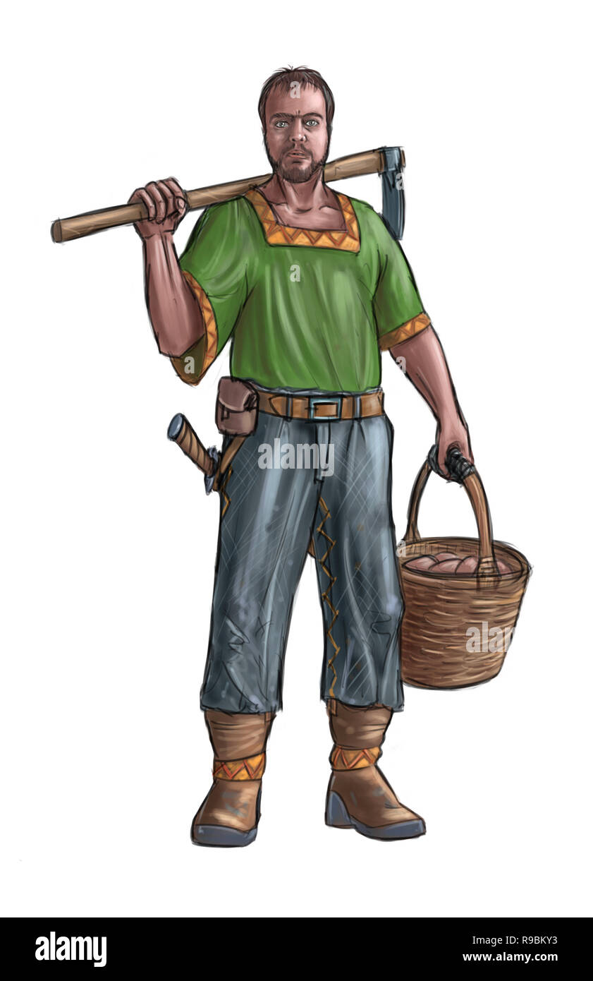 Concept Art Fantasy illustrazione di abitante, connazionale, agricoltore o villaggio uomo con la zappa e carrello Foto Stock
