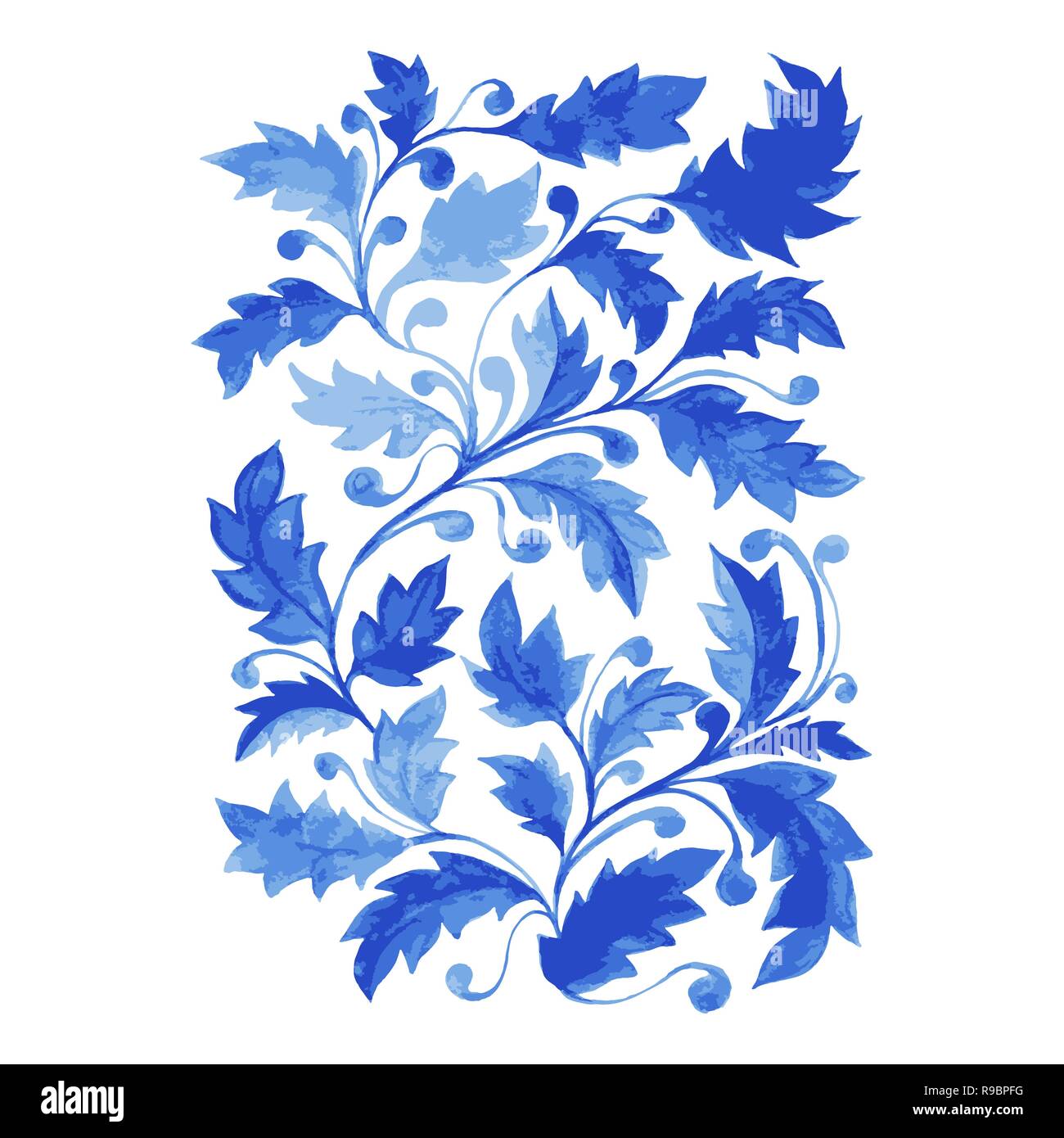 Tradizionale blu Portogallo Azulejo Poster, vettore verticale illustrazione ornamentale con foglie ad acquerello, riccioli e foglie. Illustrazione Vettoriale