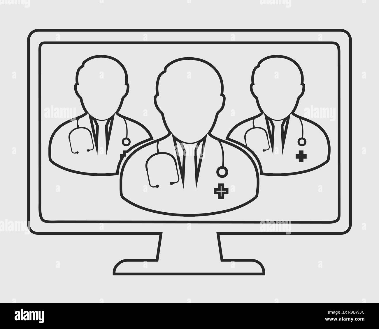 Online il team medico icona linea su sfondo grigio. Illustrazione Vettoriale