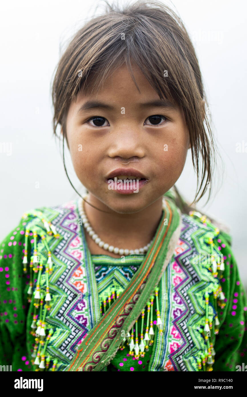 Ritratto di una ragazza di etnia Hmong con il suo abito tradizionale sulle colline della bella Sa Pa in Vietnam. Foto Stock