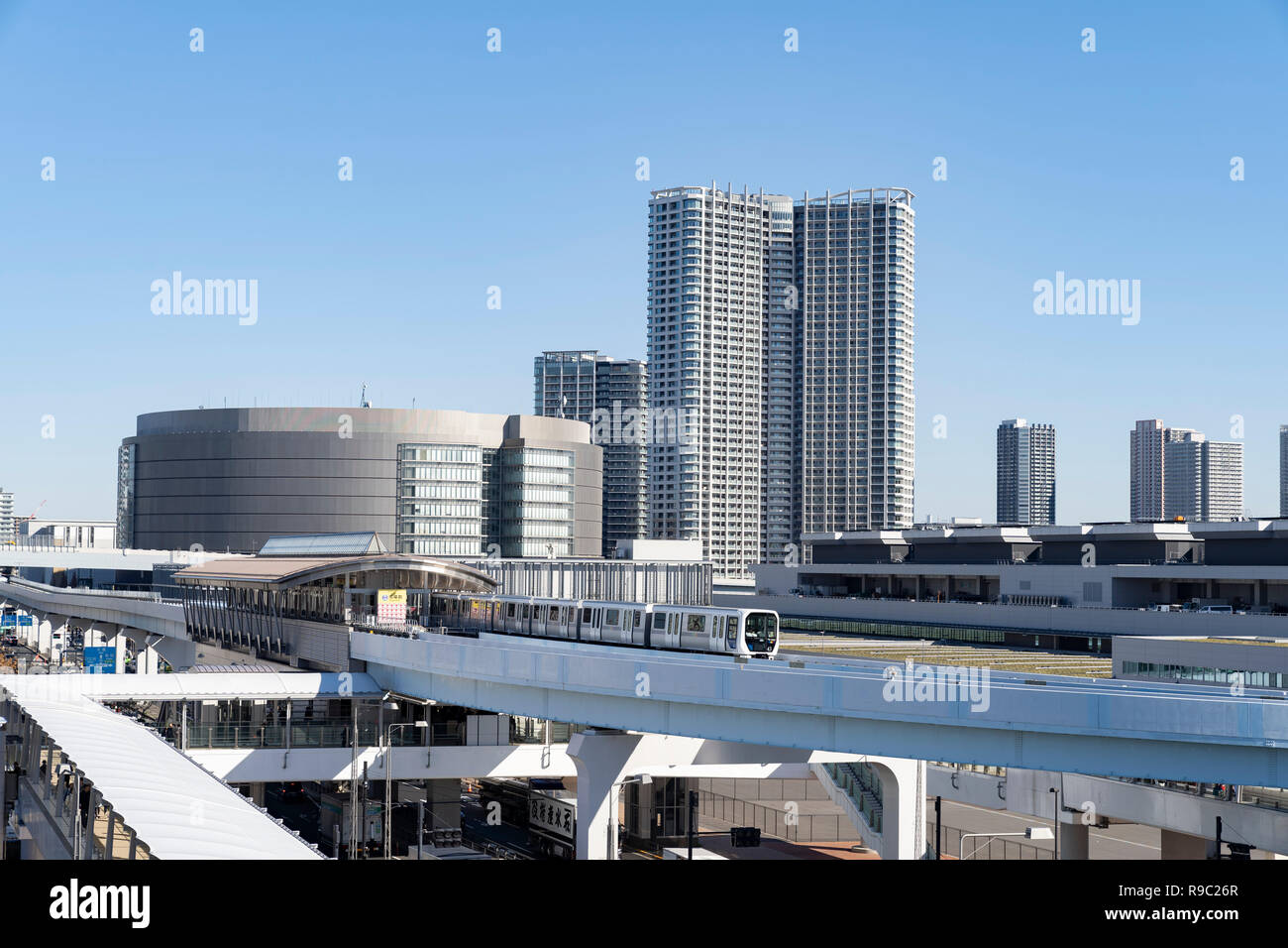 Yurikamome Shijomae Stazione, Toyosu Mercato, Koto-Ku, Tokyo, Giappone Foto Stock