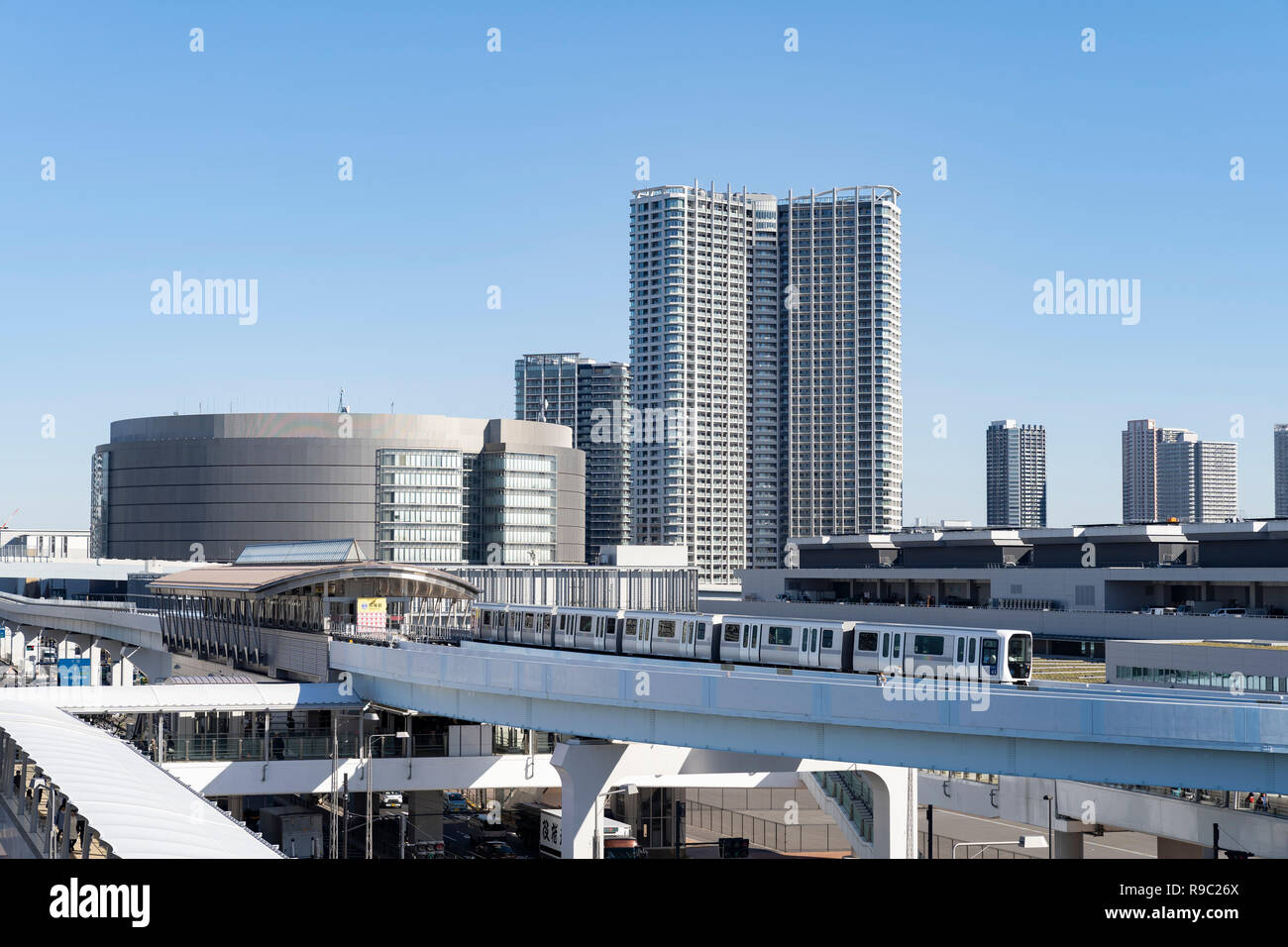 Yurikamome Shijomae Stazione, Toyosu Mercato, Koto-Ku, Tokyo, Giappone Foto Stock