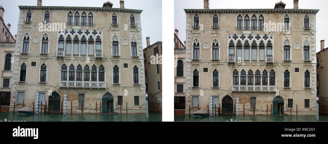 Esempio di edizione di prospettiva inclinato nella costruzione di fotografia, prima e dopo Foto Stock