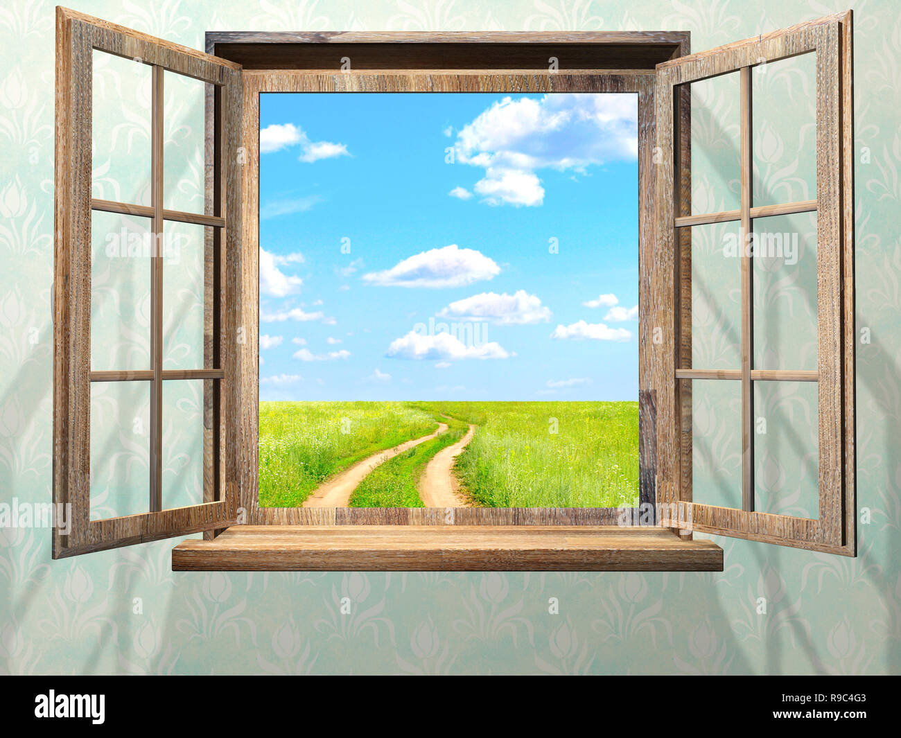 Aprire la finestra con vista su Campo verde, cielo blu, il bianco delle nuvole e la vecchia strada. 3D render Foto Stock