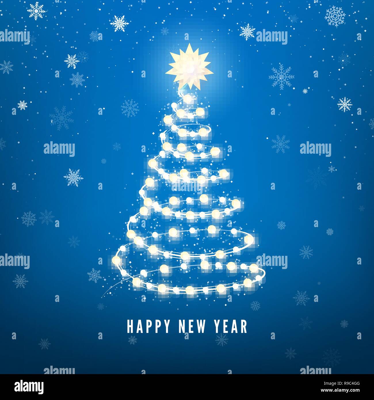 Nuovo Anno Albero silhouette fatta di luci di Natale su sfondo blu. Magic Chistmas nevicata sfondo. Illustrazione Vettoriale Illustrazione Vettoriale