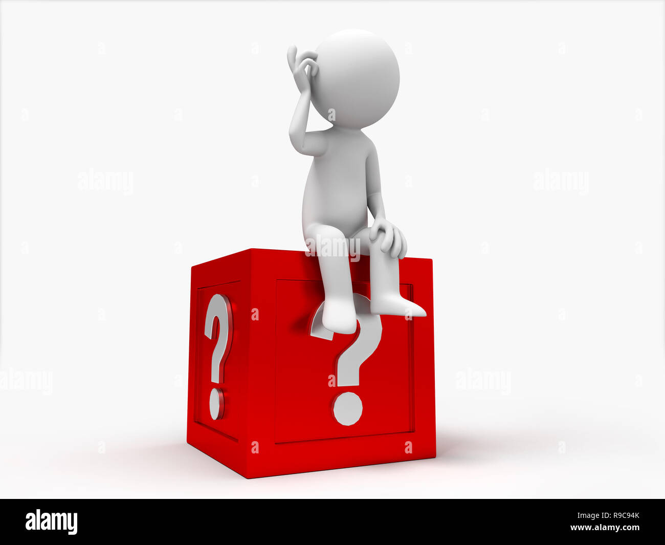 3d gente seduta sulla scatola con punto interrogativo Foto Stock