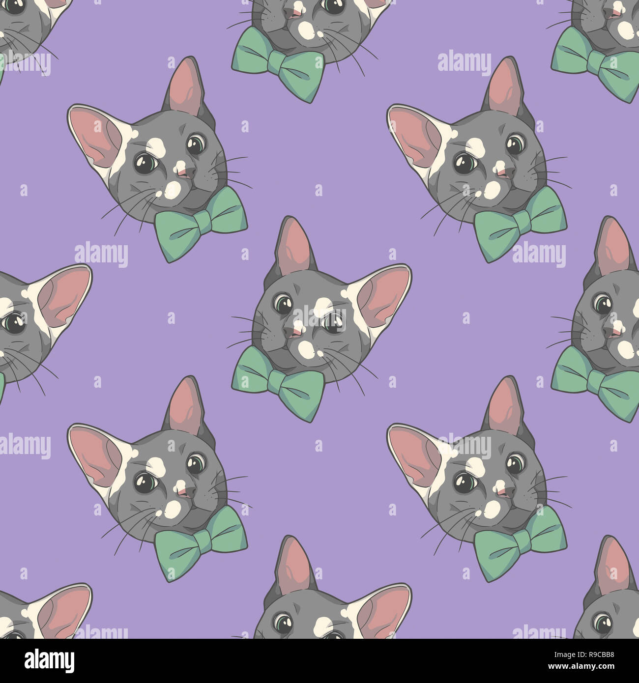 Illustrazione grafica seamless pattern di un grigio e bianco cartoon cat con papillon Foto Stock