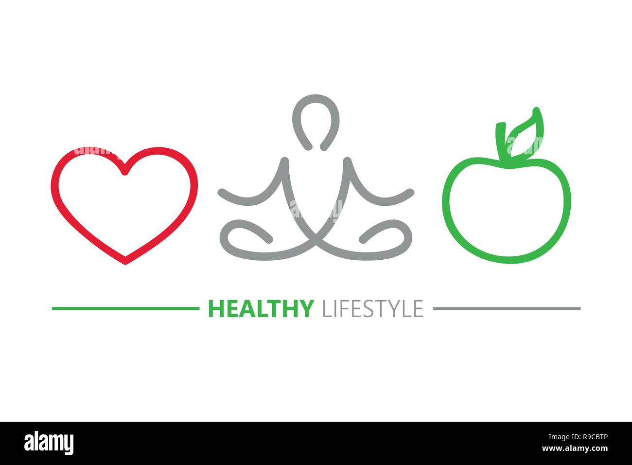 Uno stile di vita sano concetto cuore yoga e mela verde illustrazione vettoriale EPS10 Illustrazione Vettoriale