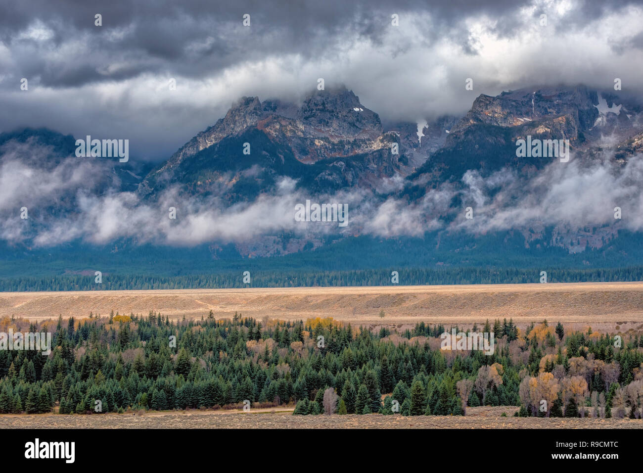 La Teton Mountains in una piovosa giornata d'autunno con un basso livello di nuvole sotto i picchi Foto Stock