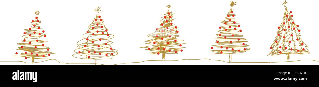 5 linea oro di alberi di Natale linea del vettore arte schizzi Illustrazione Vettoriale