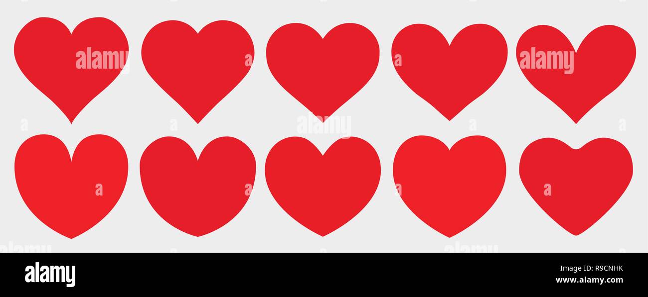 Isolato piatto rosso cuori in una gamma di dettagli e forme holiday, Valentino, romanticismo, amore, Wedding, matrimonio, sensazione, icone, simboli Illustrazione Vettoriale