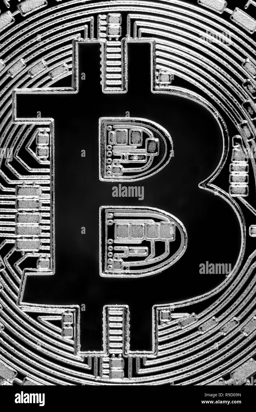 Moneta Bitcoin closeup, la concezione di business. Foto macro di bitcoin. Foto Stock
