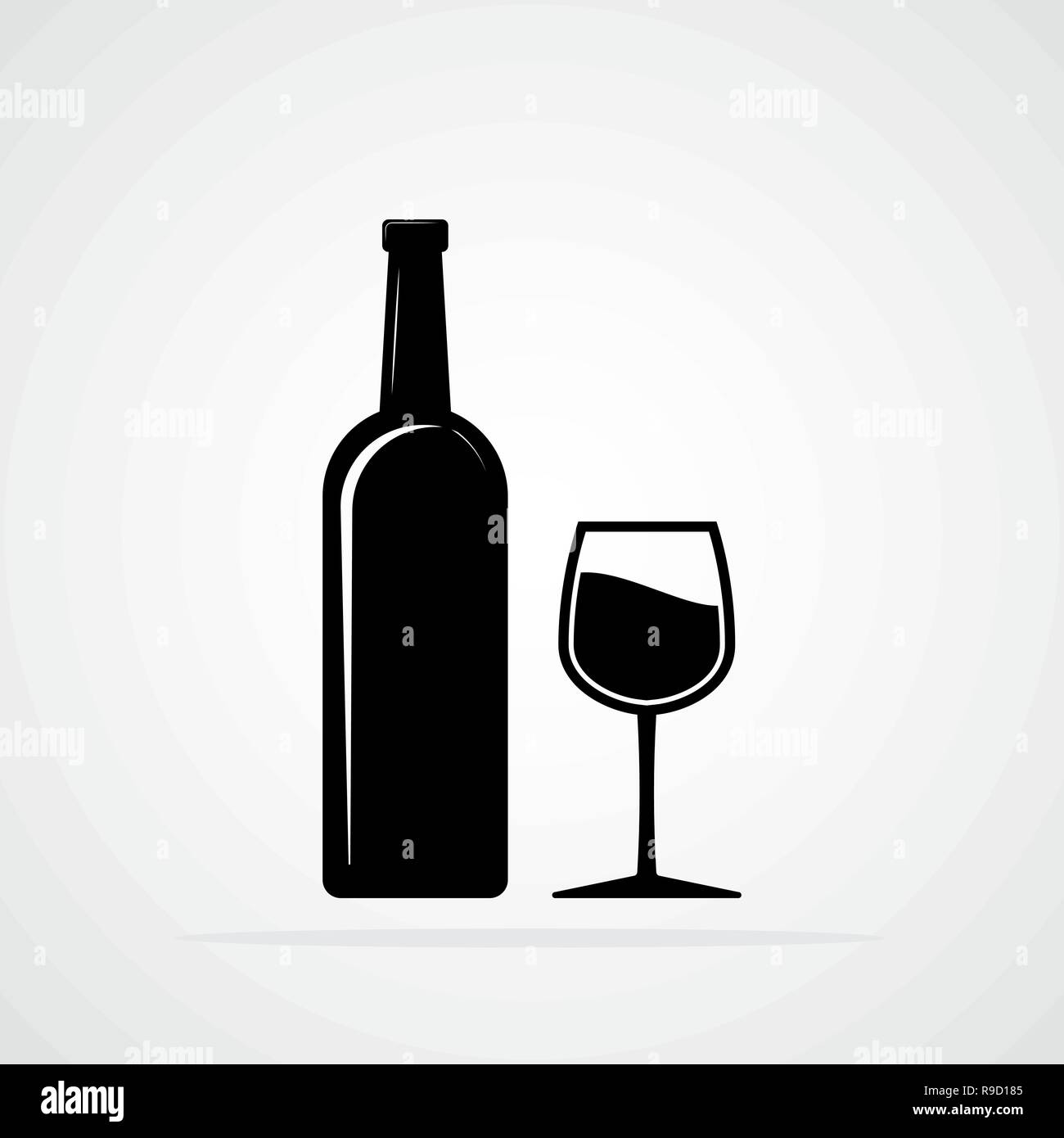 Silhouette di una bottiglia e un bicchiere di vino. Illustrazione Vettoriale. Bottiglia di nero e vetro di alcool Illustrazione Vettoriale
