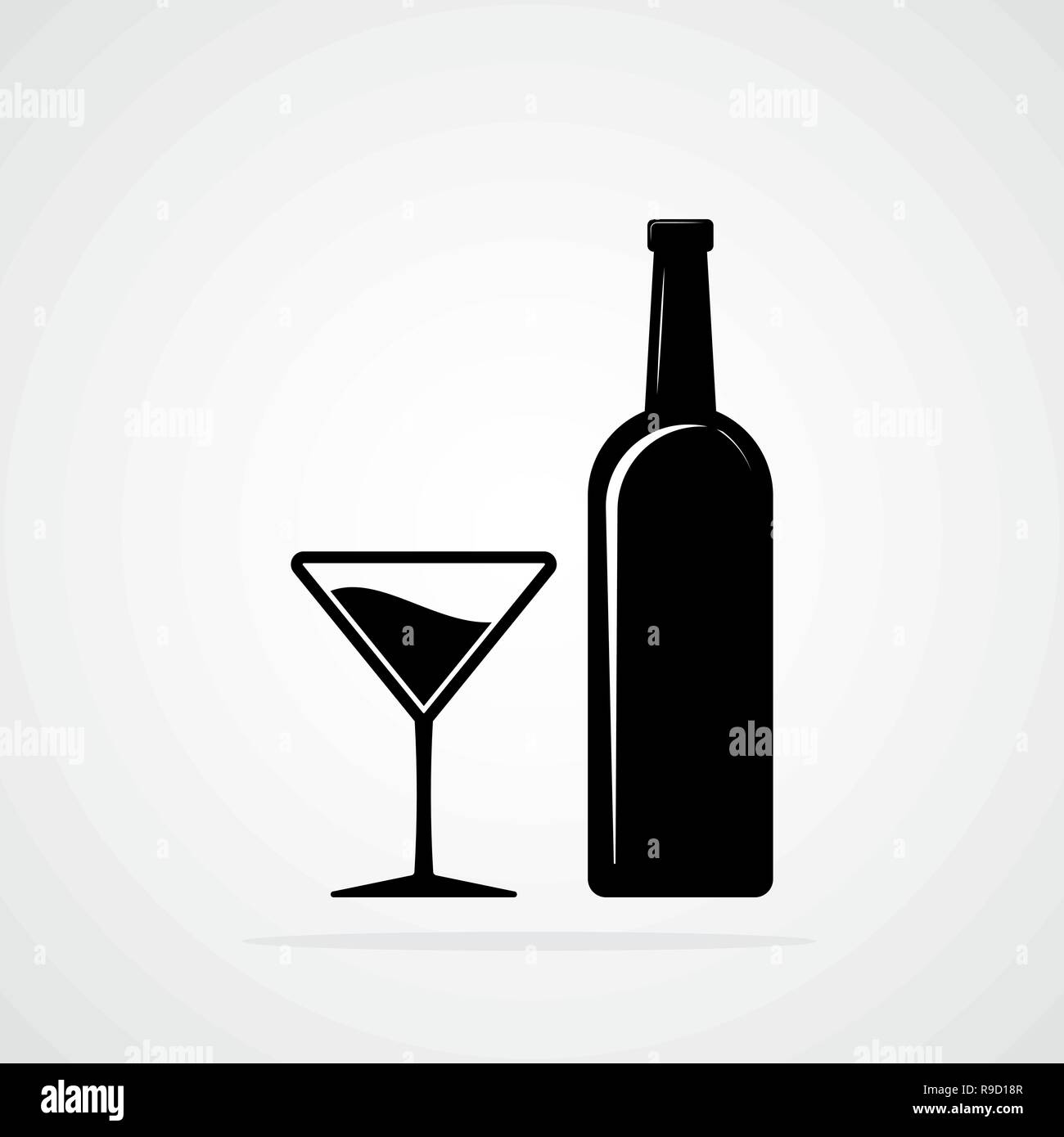 Silhouette di una bottiglia e un bicchiere di vino. Illustrazione Vettoriale. Bottiglia di nero e vetro di alcool Illustrazione Vettoriale