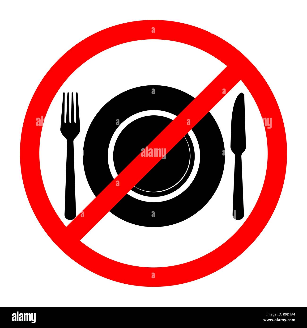 Divieto rosso segno di cibo. Illustrazione Vettoriale. Nessun segno di cibo. Non mangiare il permesso di segno. Illustrazione Vettoriale