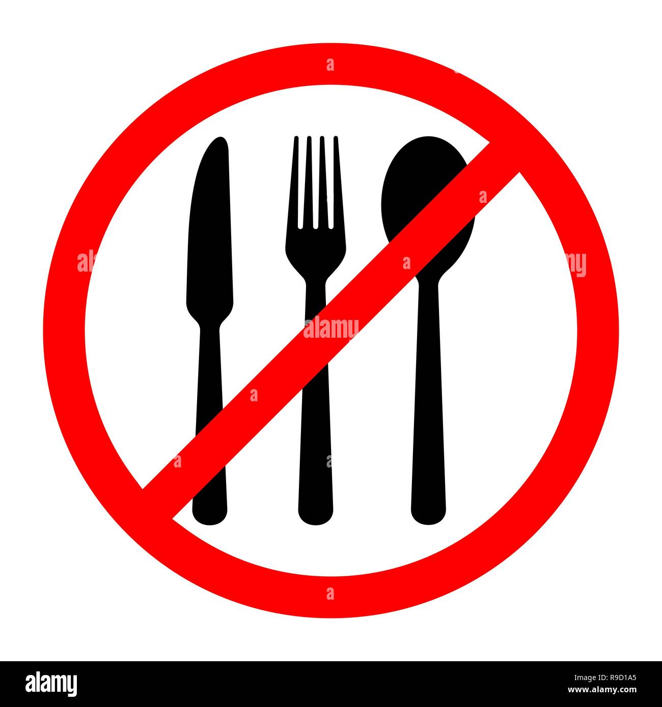 Divieto rosso segno di cibo. Illustrazione Vettoriale. Nessun segno di cibo. Non mangiare il permesso di segno. Illustrazione Vettoriale