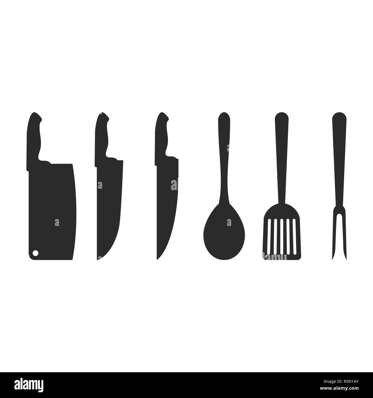 Sagome di accessori da cucina. Illustrazione Vettoriale. Set di nero utensili da cucina, isolato Illustrazione Vettoriale