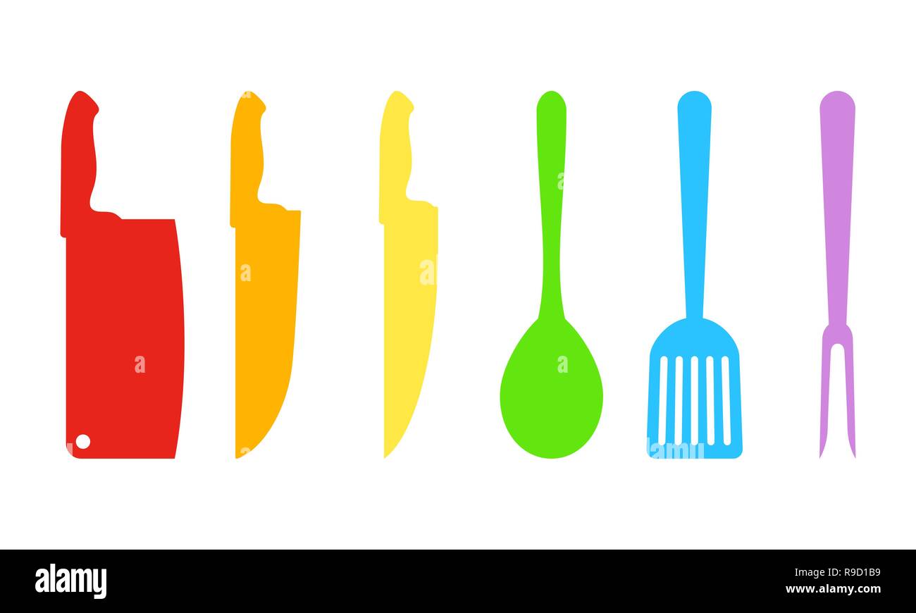 Sagome di accessori da cucina. Illustrazione Vettoriale. Impostare colorati di utensili per la cucina, isolato Illustrazione Vettoriale