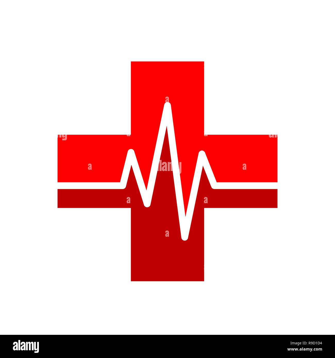 Croce medica con icona di heartbeat in stile appartamento. Illustrazione Vettoriale. Rosso simbolo medico isolato Illustrazione Vettoriale