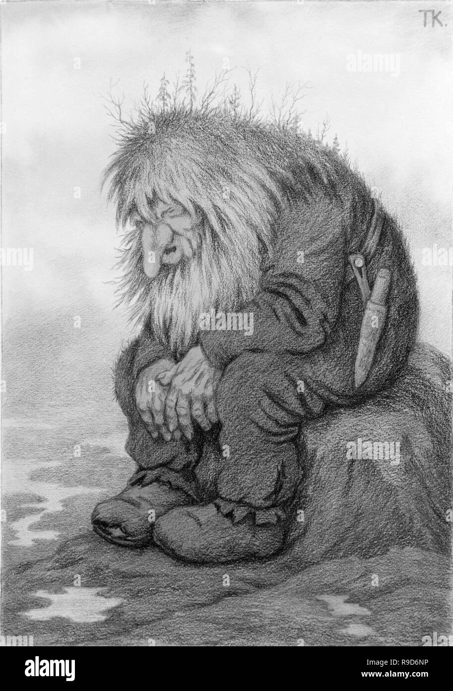 Il Troll che Sat e si chiedeva quanti anni egli era da Theodor Kittelsen Severin (1857-1914), matita e carboncino. Norvegia troll illustrazione. Foto Stock