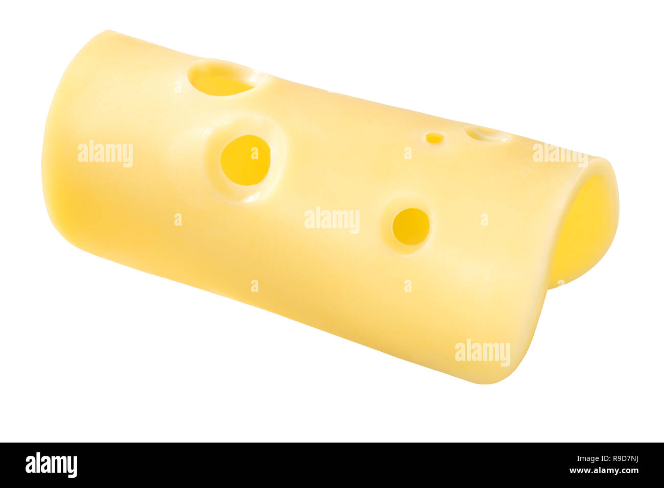 Arrotolato fetta di formaggio svizzero con fori, angoli arrotondati Foto Stock