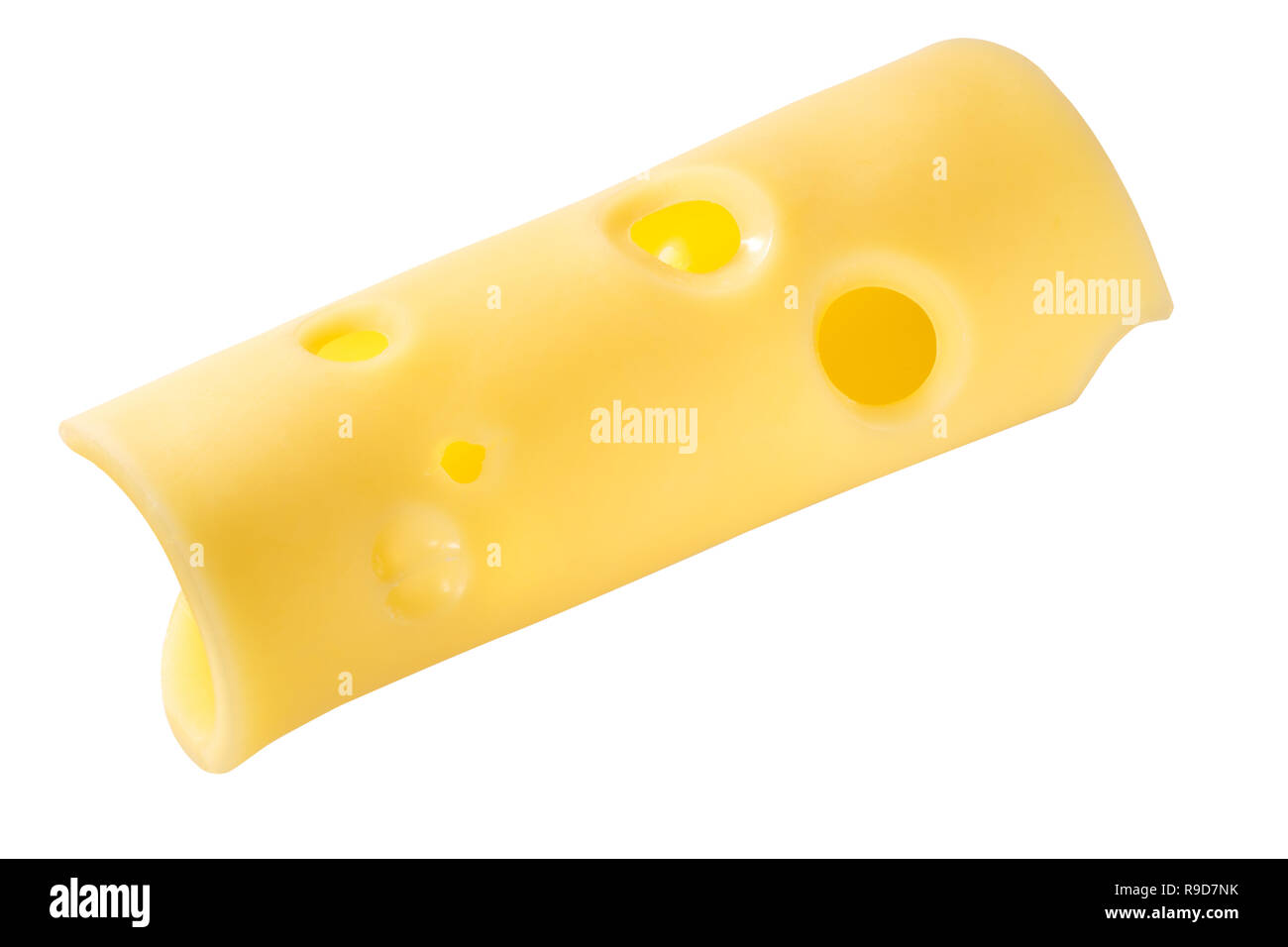 Arrotolato fetta di formaggio svizzero con fori, angoli arrotondati Foto Stock