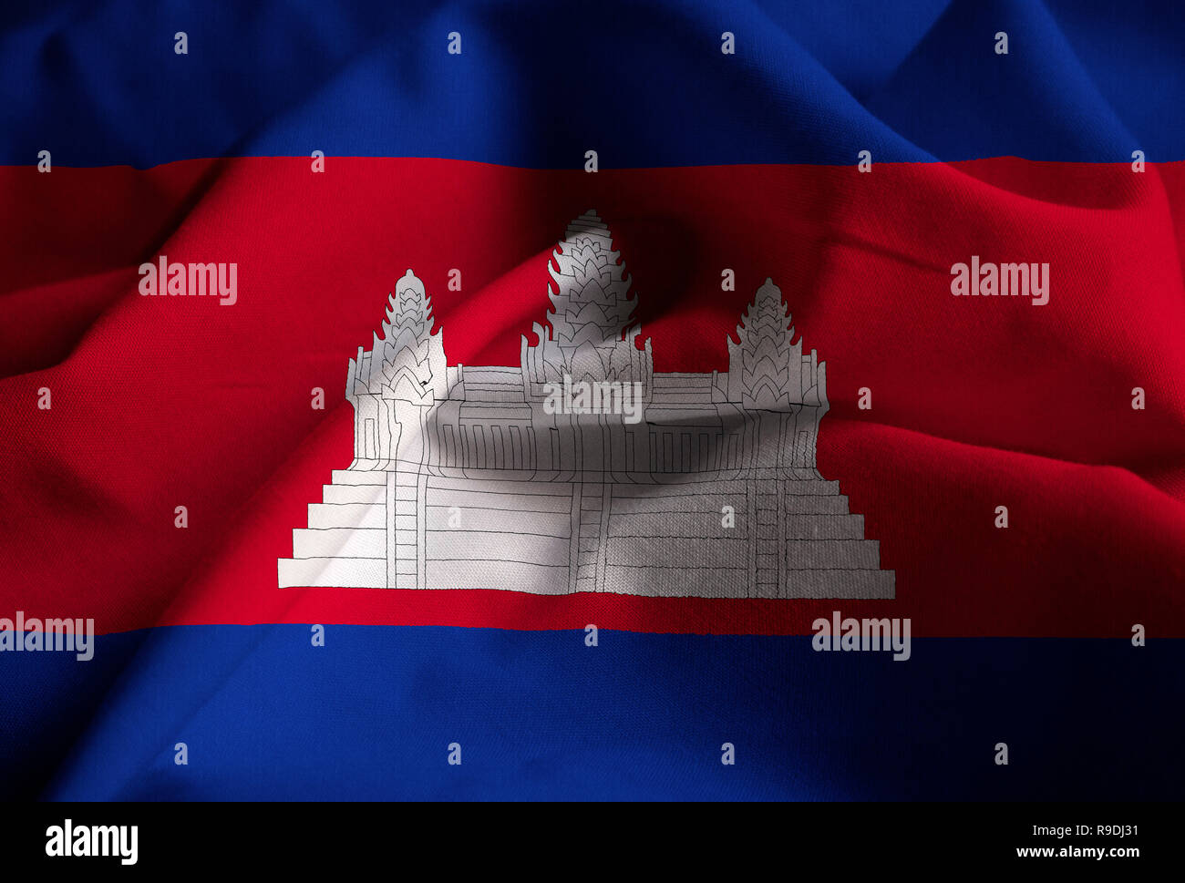 Primo piano della increspato Cambogia Bandiera, Cambogia bandiera soffiando nel vento Foto Stock