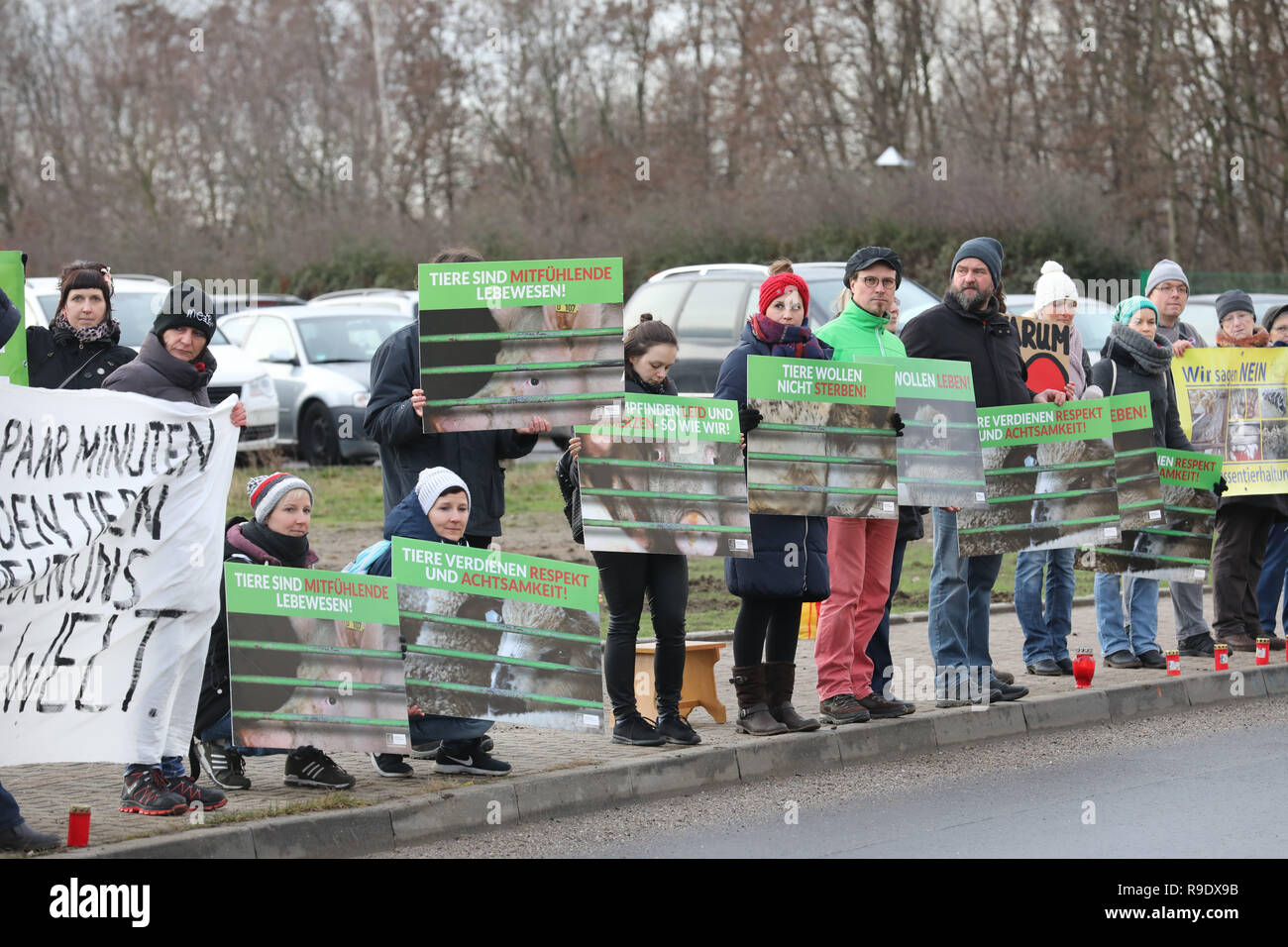 Altenburg, Germania. 23 Dic, 2018. Gli attivisti prendere parte in una veglia organizzata dai diritti degli animali organizzazione Deutsches Tierschutzbüro e l'animale salva il movimento nella parte anteriore di un macello. Gli attivisti sono la dimostrazione contro il trasporto di animali e messa la zootecnia. Credito: Bodo Schackow/dpa-Zentralbild/ZB/dpa/Alamy Live News Foto Stock