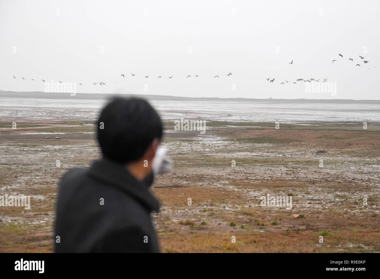 Anqing, Cina. Il 23 dicembre 2018. Wang Sanyi pattuglie per lavoratori migranti-la protezione degli uccelli in Caizi Lago zona umida, Anqing, in oriente cinese della provincia di Anhui, Dic 22, 2018. Wang Sanyi, 69, fondò il lago Caizi wetland protezione ecologica associazione con più di 300 membri nel 2010. Grazie agli sforzi di protezione sempre più gli uccelli migratori sono visti h Credito: Xinhua/Alamy Live News Foto Stock