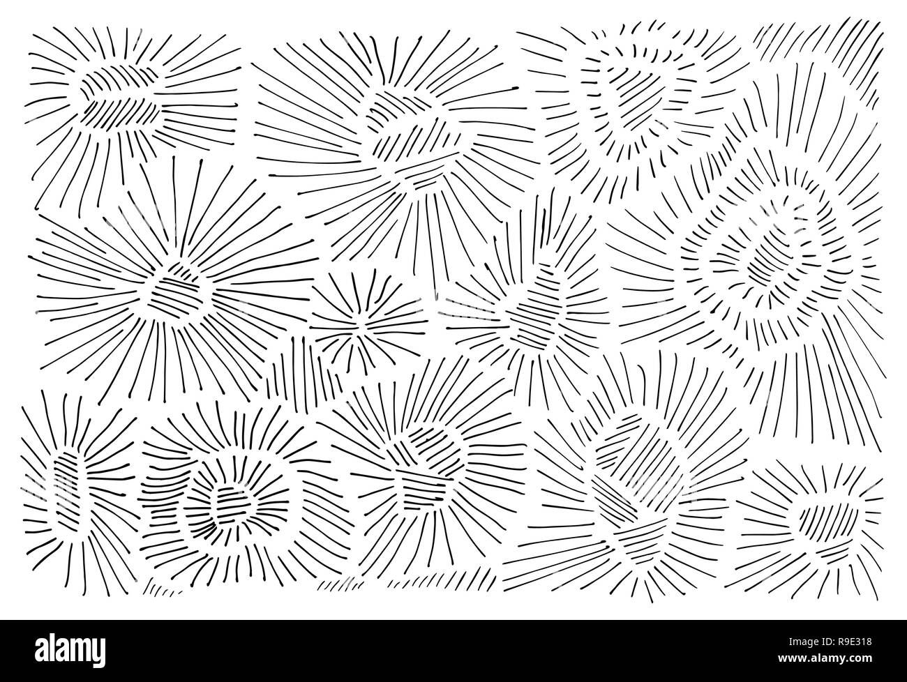 Abstract modello nero. Tratteggio scuro texture. Mano radiante linee tracciate, maglie, sunburst, caotico graffi pattern. Luminose irregolari le linee di incisione. Tessile, carta da parati, il riempimento dello sfondo Illustrazione Vettoriale