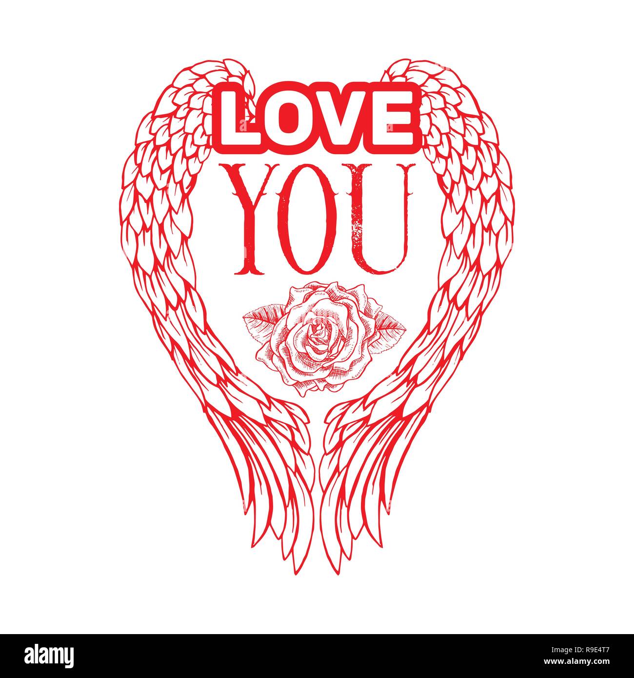 Amore si disegna il vettore Illustrazione a colori. Disegnata a mano ali d'angelo e di fiori di rose clipart isolato. La datazione e il romanticismo doodle schizzo. Il giorno di San Valentino biglietto di auguri, invito modello di poster Illustrazione Vettoriale