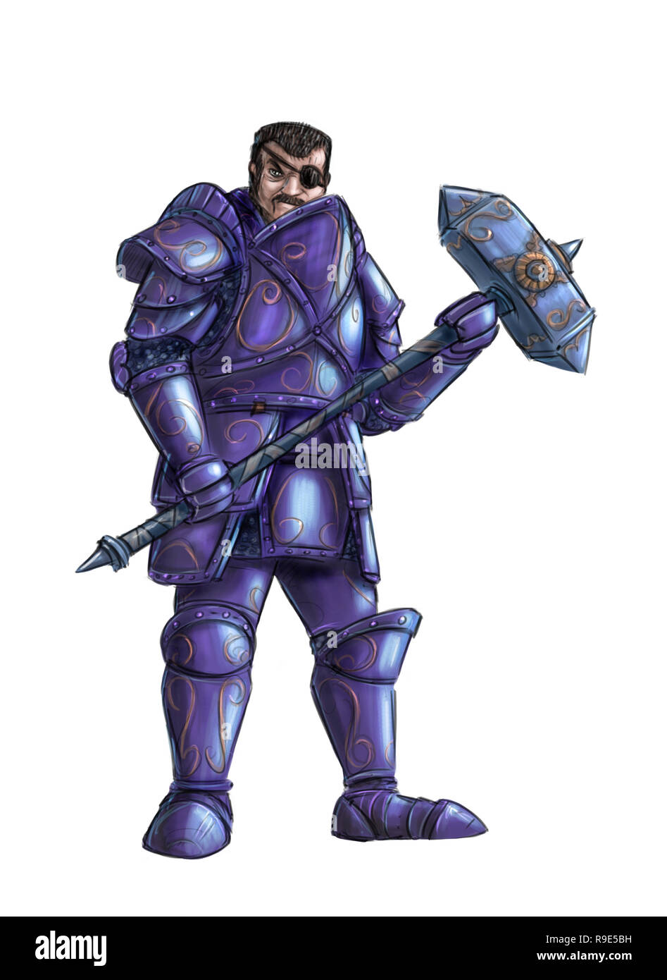 Concept Art Fantasy illustrazione del cavaliere guerriero in armatura completa con mazza Foto Stock
