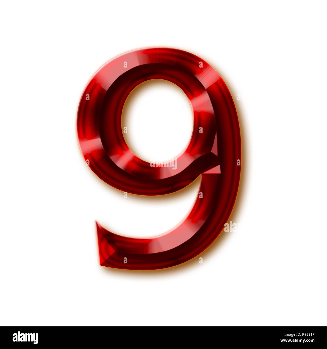 Numero 9 da elegante rubino sfaccettato alfabeto, gemma brillante lettere, numeri e segni di punteggiatura Foto Stock