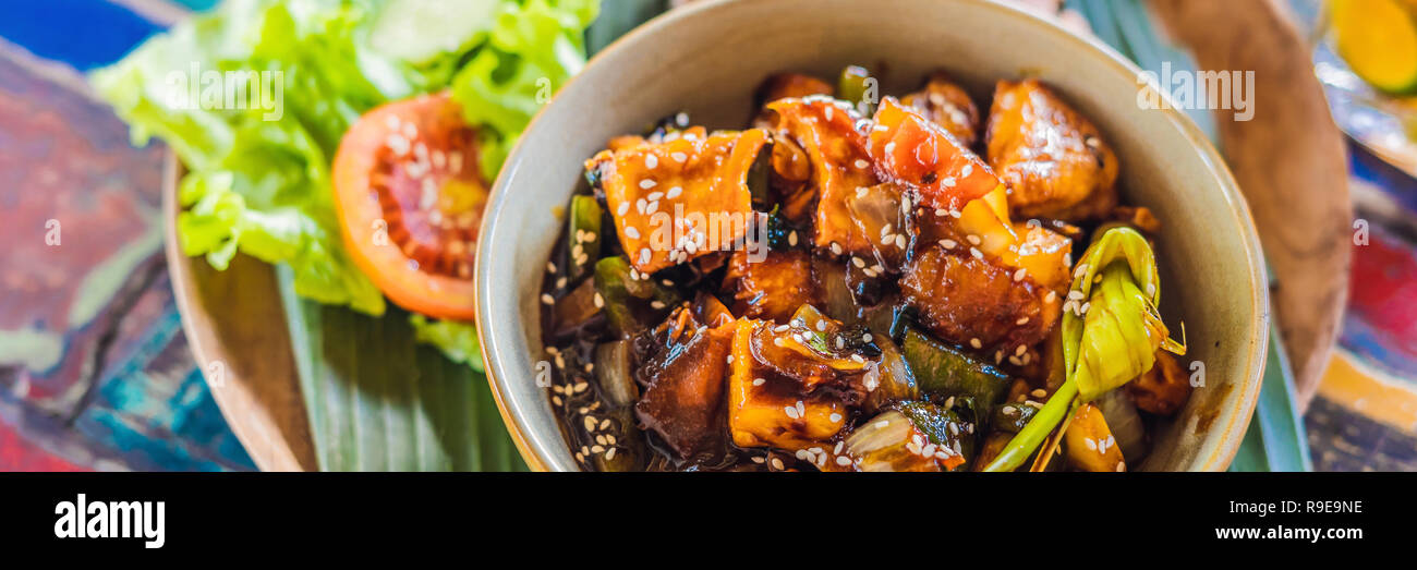 Popolare pasto Balinese di riso con varietà di piatti laterali che sono serviti insieme con il riso e più come extra opzionali banner, formato lungo Foto Stock
