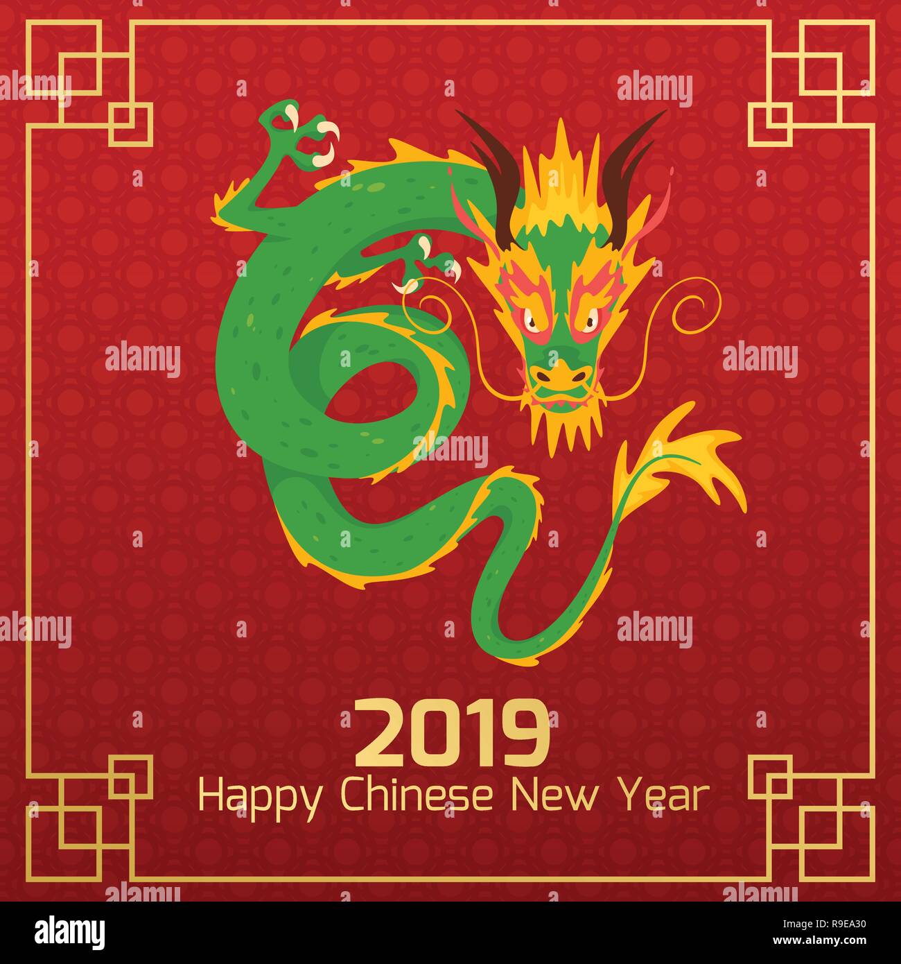 Il cinese 2019 Anno nuovo banner o scheda con i tradizionali dragon character. Illustrazione Vettoriale su rosso sfondo ornamento. Composizione quadrata. Illustrazione Vettoriale
