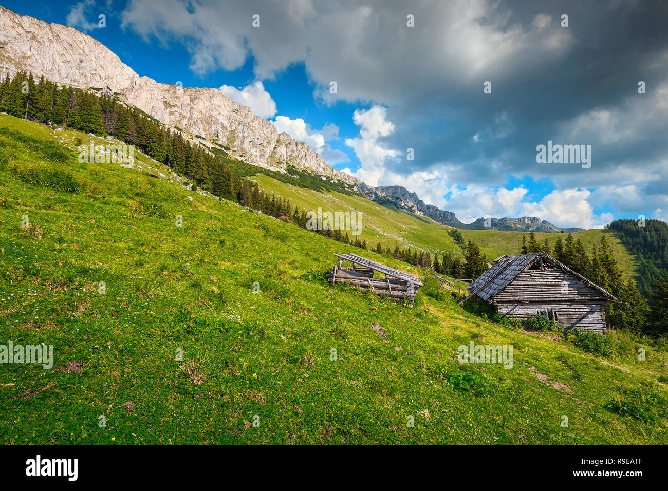 La molla del paesaggio, malsicuro casa in legno tra le montagne dei Carpazi, Transilvania, Romania, Europa Foto Stock