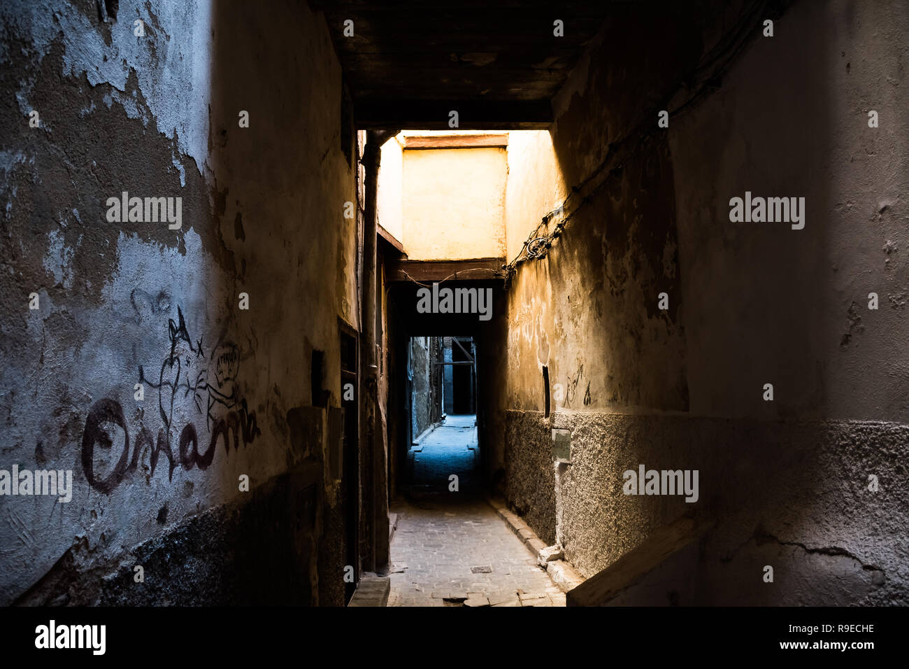 Vecchia strada stretta del più grande medina in mondi, Unesco, Fez, in Marocco Foto Stock