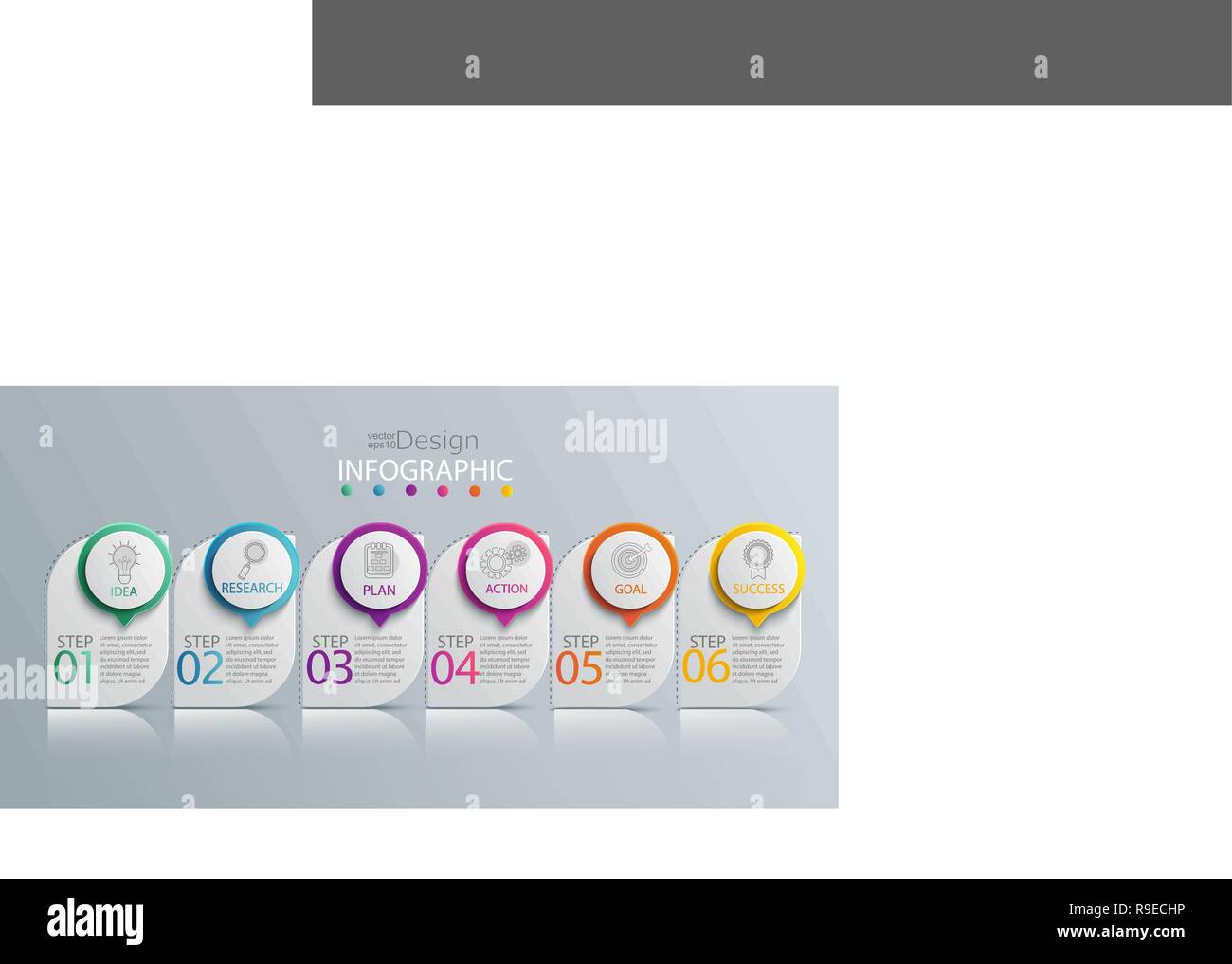 Infografico della carta modello con 6 opzioni per la presentazione e la visualizzazione di dati. Processo di business grafico. Diagramma con sei passaggi per il successo.Per il contenuto, del diagramma di flusso, il flusso di lavoro. Illustrazione Vettoriale Illustrazione Vettoriale